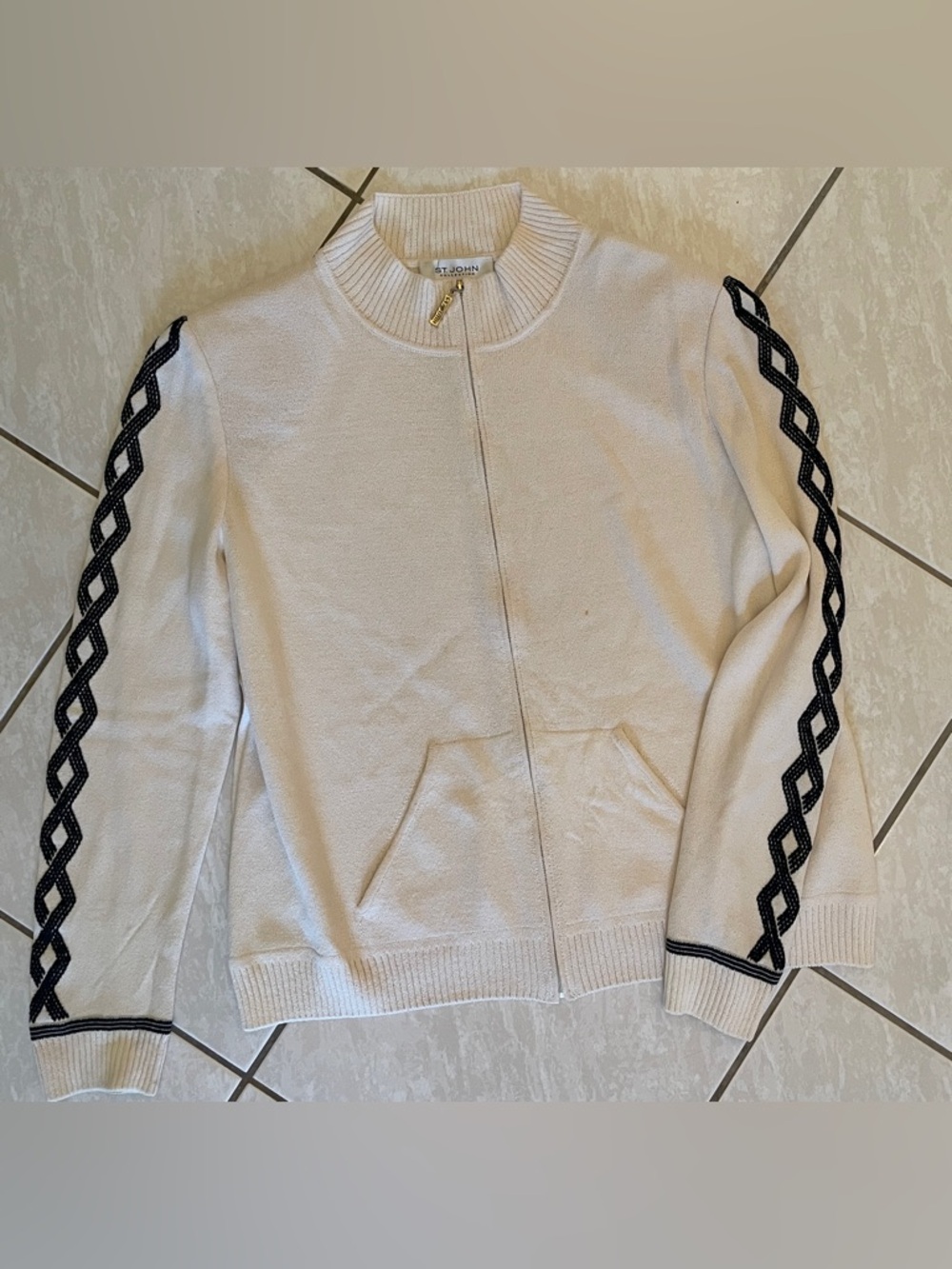 St. John Collection Cream Zip Cardigan with Black Sleeve Braid